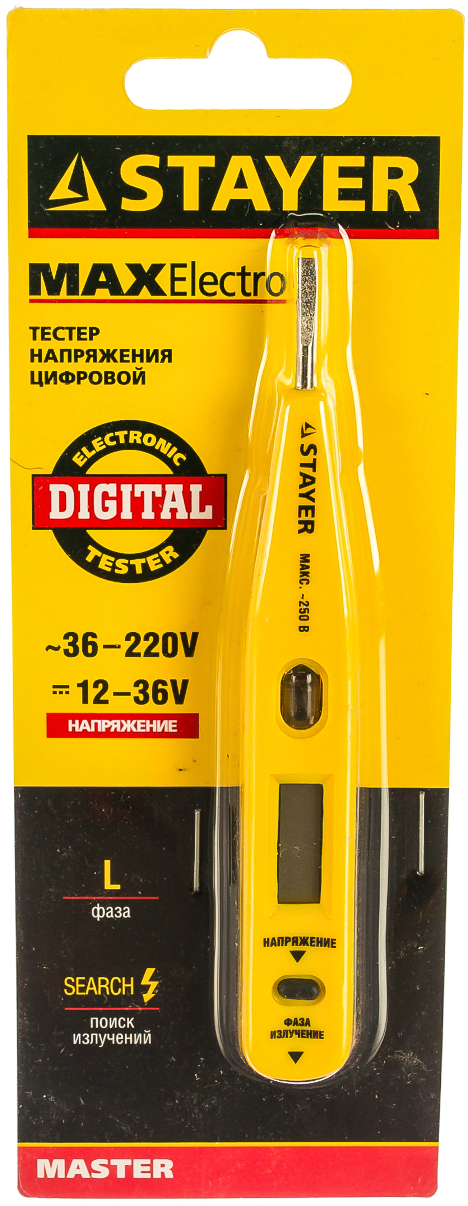 Тестер напряжения STAYER "MASTER" MAXElectro цифровой со световым индикатором, 12-220В, 125мм