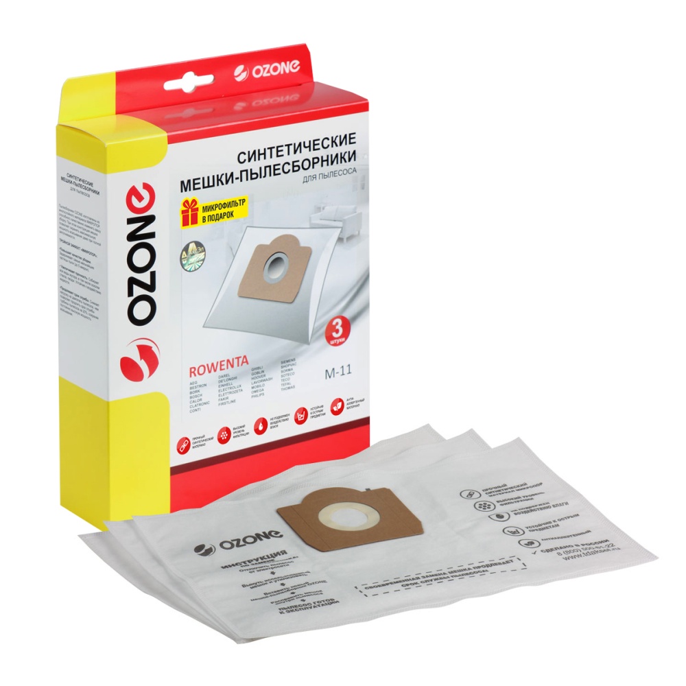 Мешки-пылесборники Ozone синтетические 3 шт + микрофильтр для CONTI, FIRSTLINE, MOBILO и др.