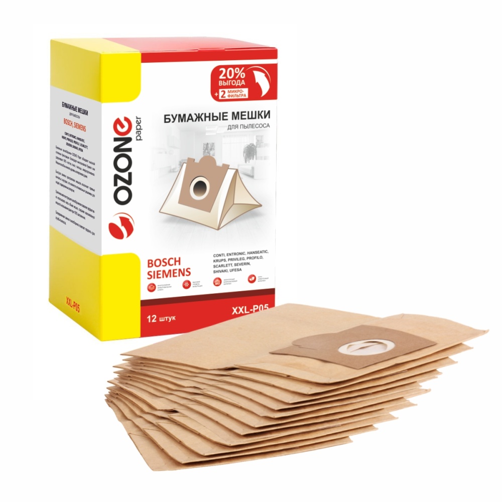 Мешки-пылесборники Ozone бумажные 12 шт + 2 микрофильтра для CONTI, KARCHER, ENTRONIC и др.