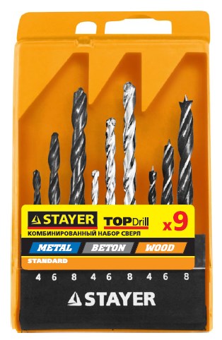 STAYER дерево (4-6-8мм), металл (4-6-8мм), бетон (4-6-8мм), сверла комбинированные