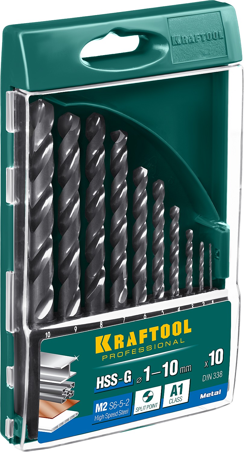 KRAFTOOL HSS-G 10шт(1-10мм), Набор сверл по металлу HSS-G, сталь М2(S6-5-2)