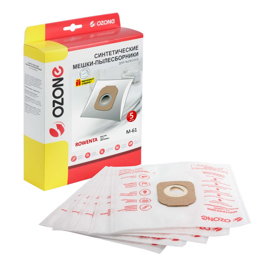 Мешки-пылесборники Ozone синтетические 5 шт + микрофильтр для MOULINEX, OBH NORDICA, ROWENTA и др.