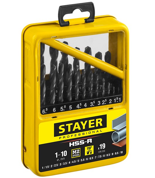 STAYER PROFI 19шт(1-10мм), Набор сверл по металлу, быстрорежущая сталь М2(S6-5-2), класс В, мет.бокс