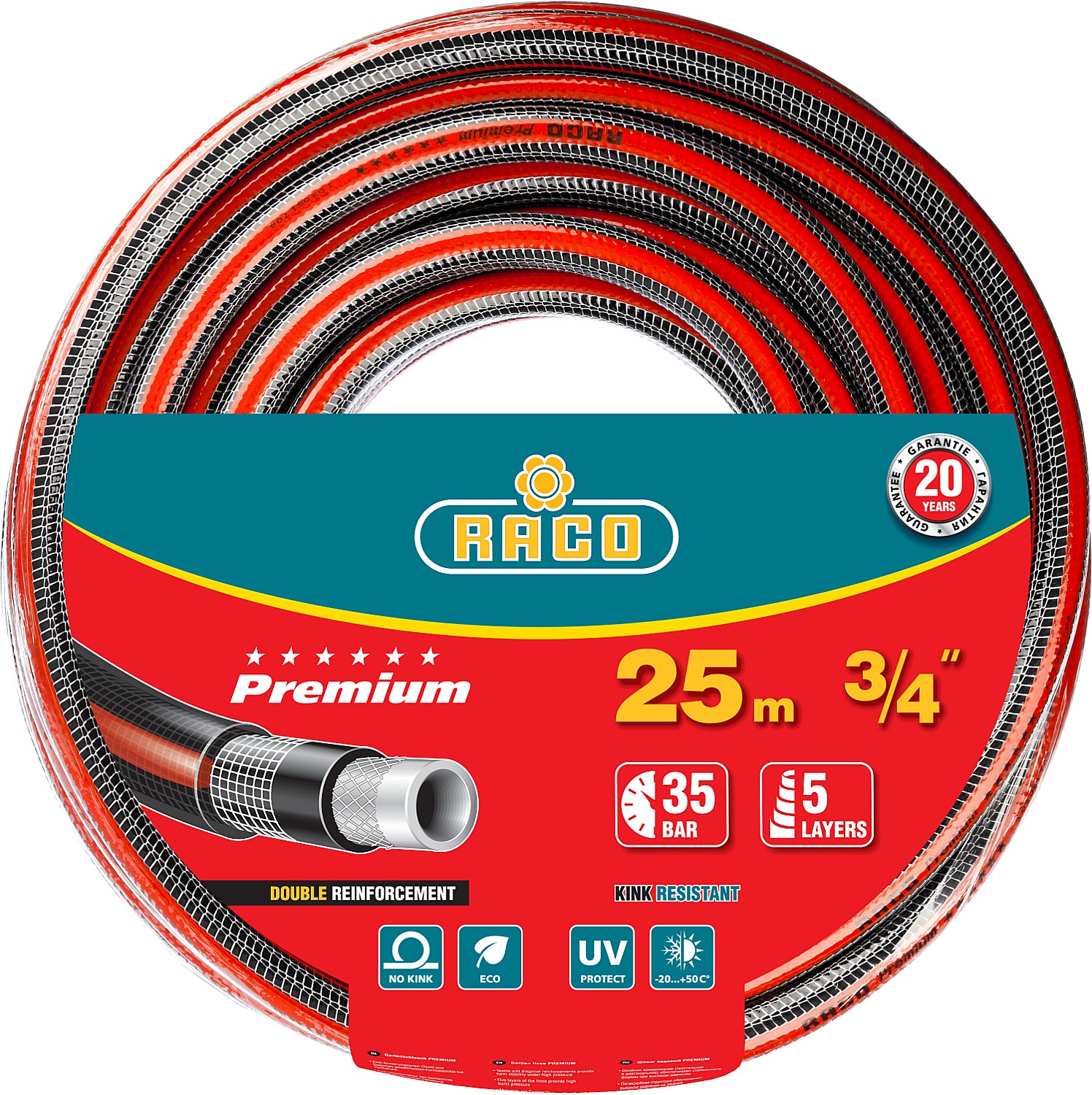 Поливочный шланг RACO PREMIUM 3/4" 25 м 35 атм пятислойный усиленный двумя слоями армирования