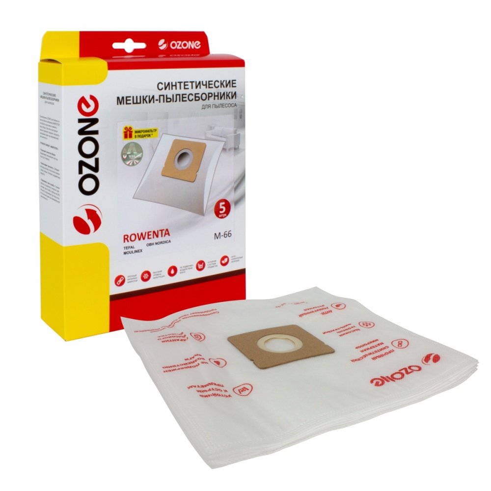 Мешки-пылесборники Ozone синтетические 5 шт + микрофильтр для ROWENTA, OBH NORDICA, MOULINEX и др.