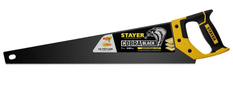 Ножовка универсальная (пила) "Cobra BLACK" 500 мм, 7TPI, тефлон покрытие, рез вдоль и поперек волокон, для средних заготовок, фанеры, ДСП, МДФ, STAYER