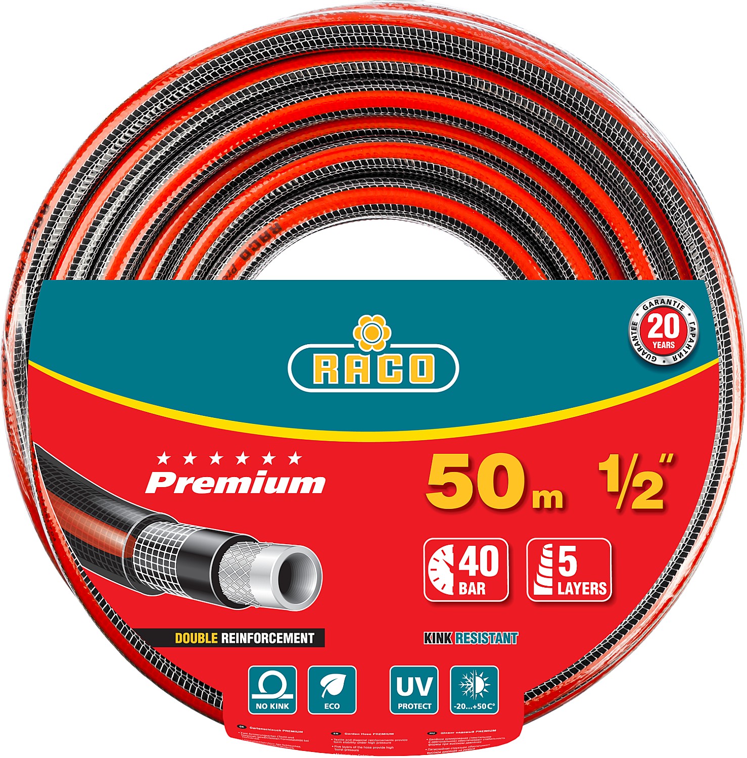 Поливочный шланг RACO PREMIUM 1/2" 50 м 40 атм пятислойный усиленный двумя слоями армирования