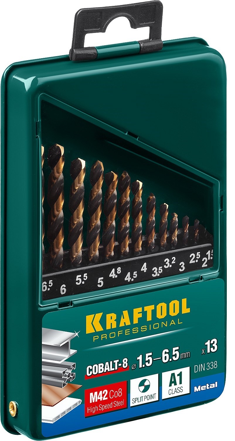 KRAFTOOL COBALT 13шт(1.5-6.5мм), Набор сверл по металлу HSS-Co(8%), сталь М42(S2-10-1-8)