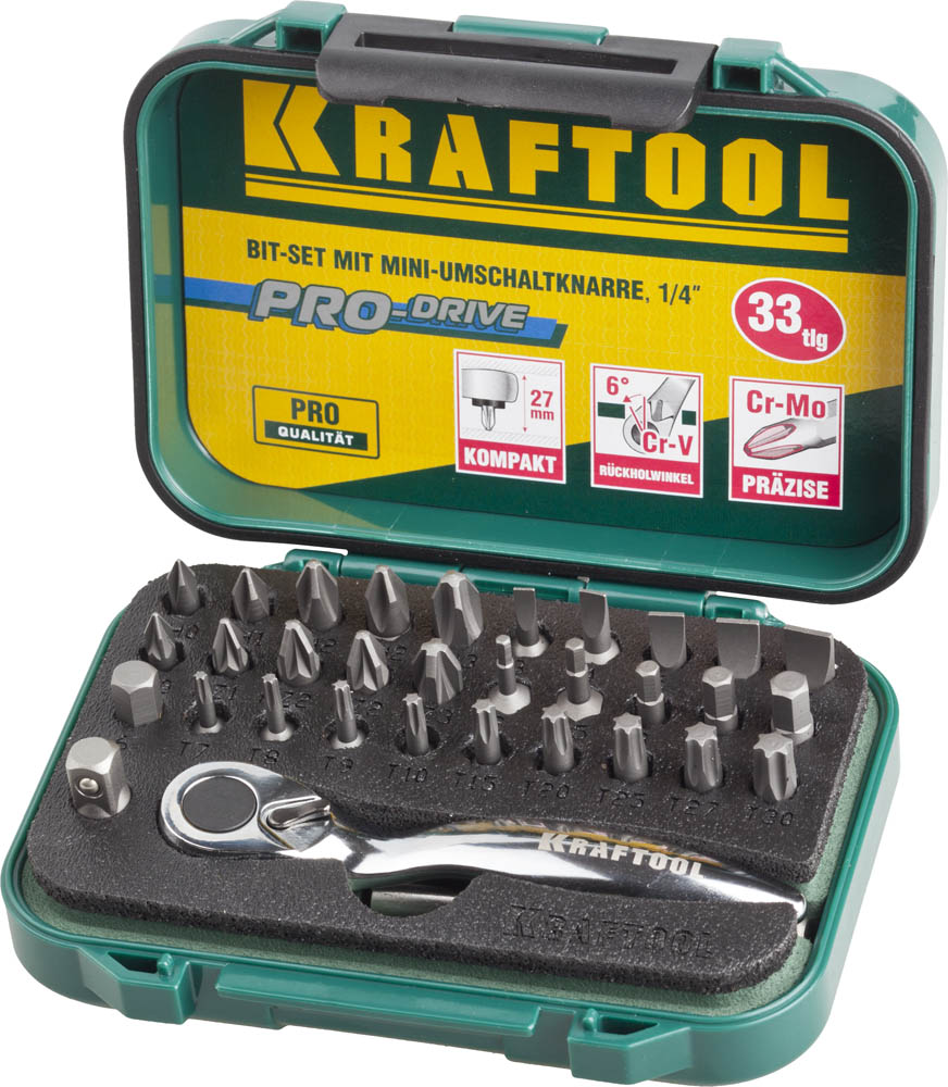 Набор бит "EXPERT"с мини трещоткой 1/4", KRAFTOOL 26157-H33, 33 предмета