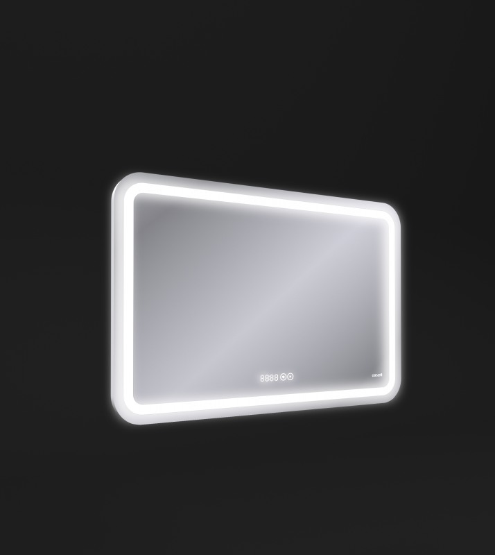  Зеркало LED 050 design pro 80x55 с подсветкой хол. тепл. cвет часы с антизапотеванием прямоугольное