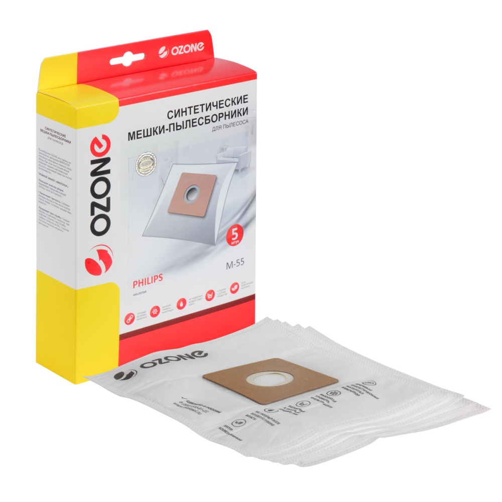 Мешки-пылесборники Ozone синтетические 5 шт + микрофильтр для GOLDSTAR, PHILIPS