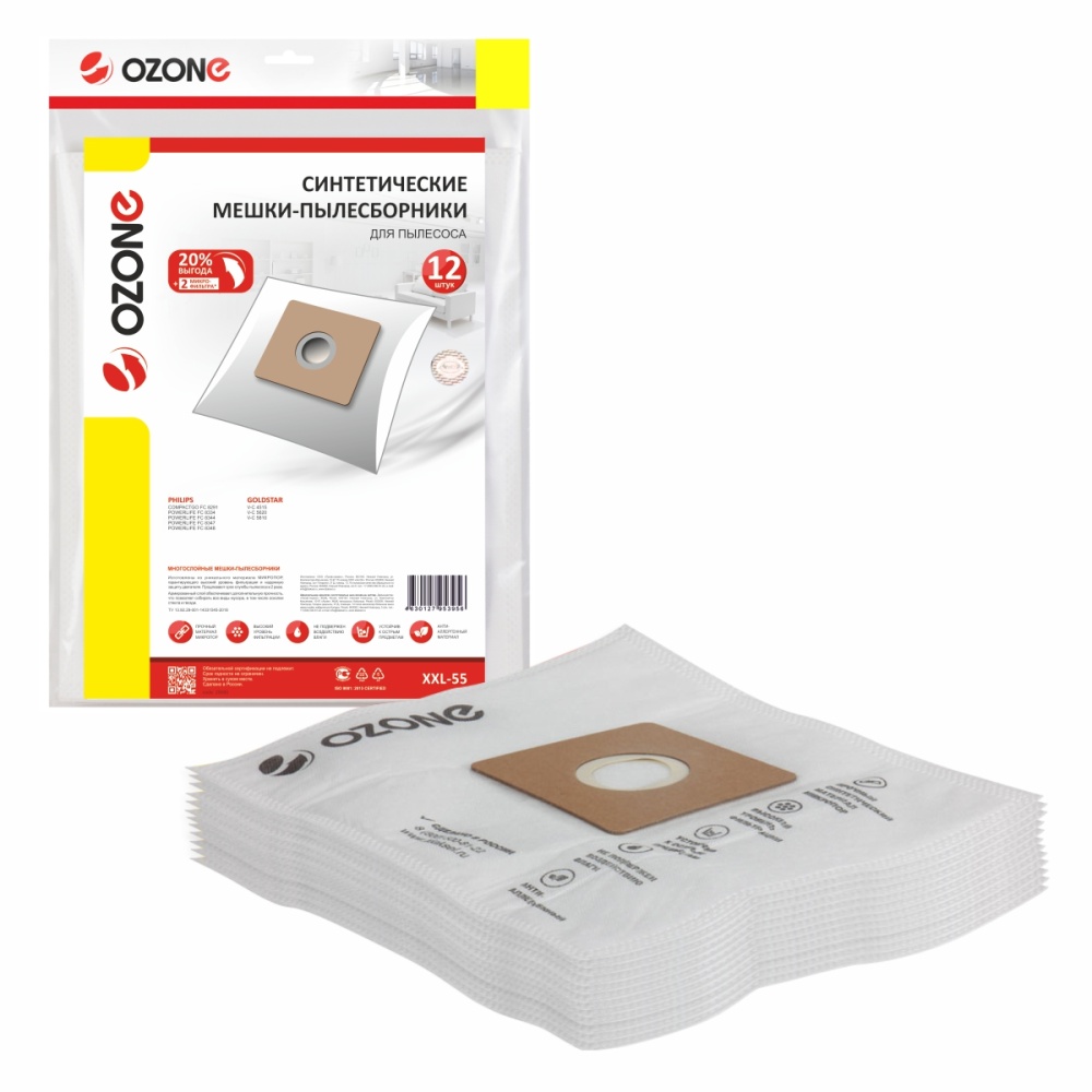 Мешки-пылесборники Ozone синтетические 12 шт + 2 микрофильтра для GOLDSTAR, PHILIPS