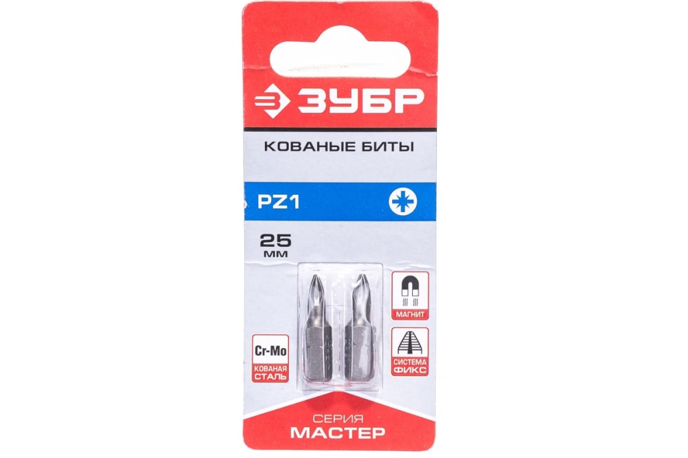 Биты ЗУБР "Мастер" кованые, хромомолибденовая сталь, тип хвостовика C 1/4", PZ1, 25мм, 2шт