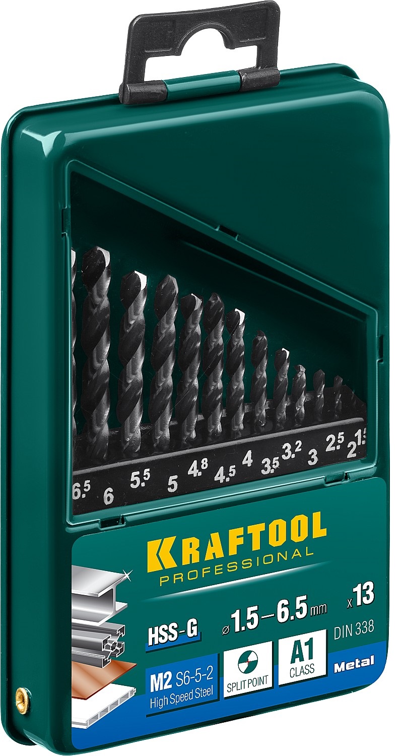 KRAFTOOL HSS-G 13шт(1.5-6.5мм), Набор сверл по металлу HSS-G, сталь М2(S6-5-2)